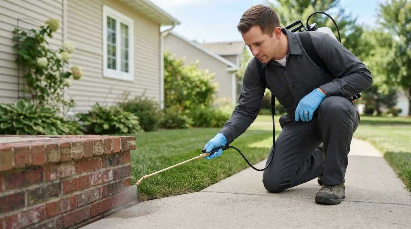 Pest control technician treating a home near Storm Lake, IA